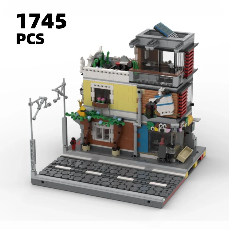 Architektur MOC Modulares Haus Ziegel Set Stadt Street View Modell Tierhandlung und Café Gebäude Block Kit DIY Eisenbahn Landschaft Geschenk