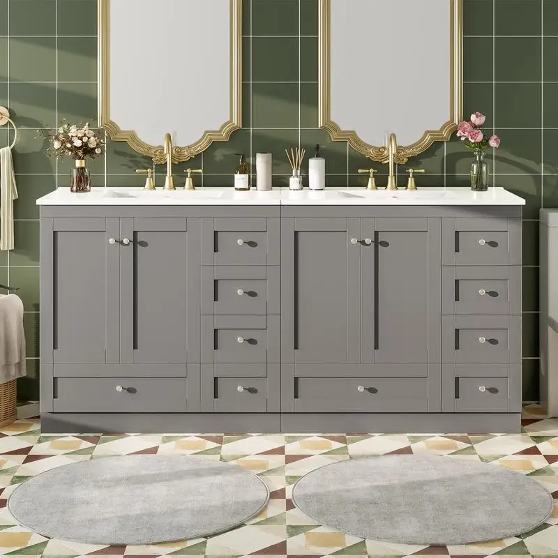 

72" Shaker Style Freestanding Bath Vanity w/ Ceramic Sink, Soft-Close Drawers & Doors, Modern Storage Solution for Your