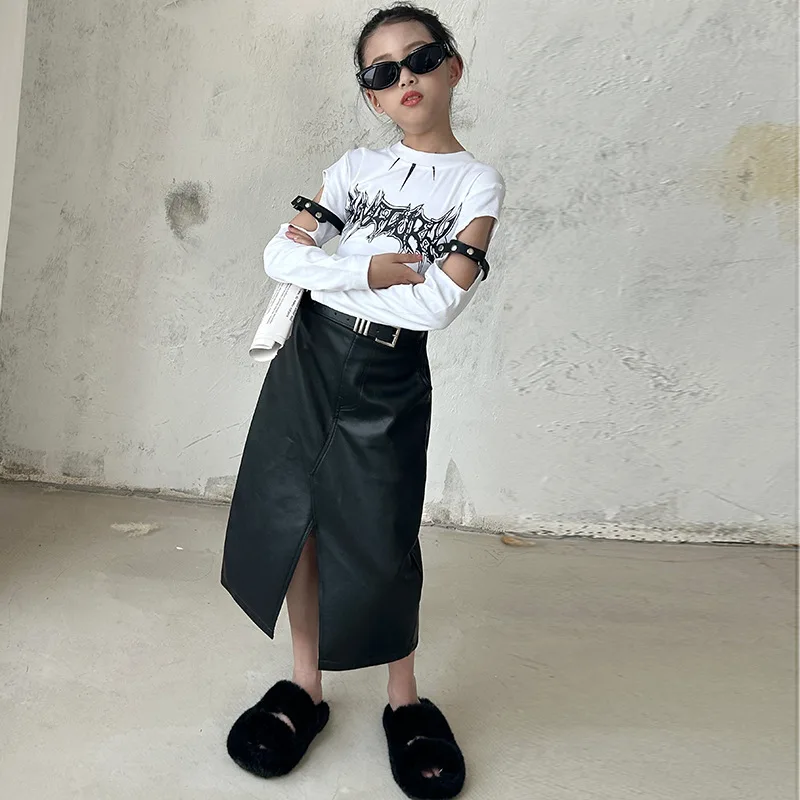 vintage black long skirt retro PU leather autumn winter Korean high waist pockets front split kids clothes teenage 6 to 16 years