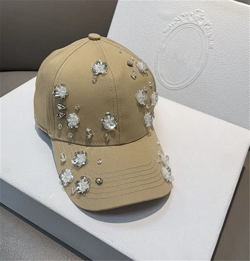 202403-shi ins facebook spring Design Pure manual sewing  Sequin flower crystl bead lady baseball hat  women leisure visors cap