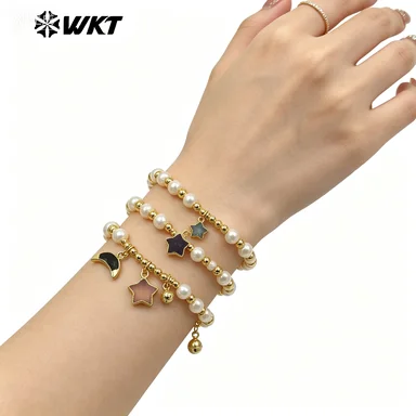 

WT-MPB127 Wholesale Lovely Moon And Star Shape Stone Charms Pearl Beads Elastic Bracelet Girls Holiday Gift