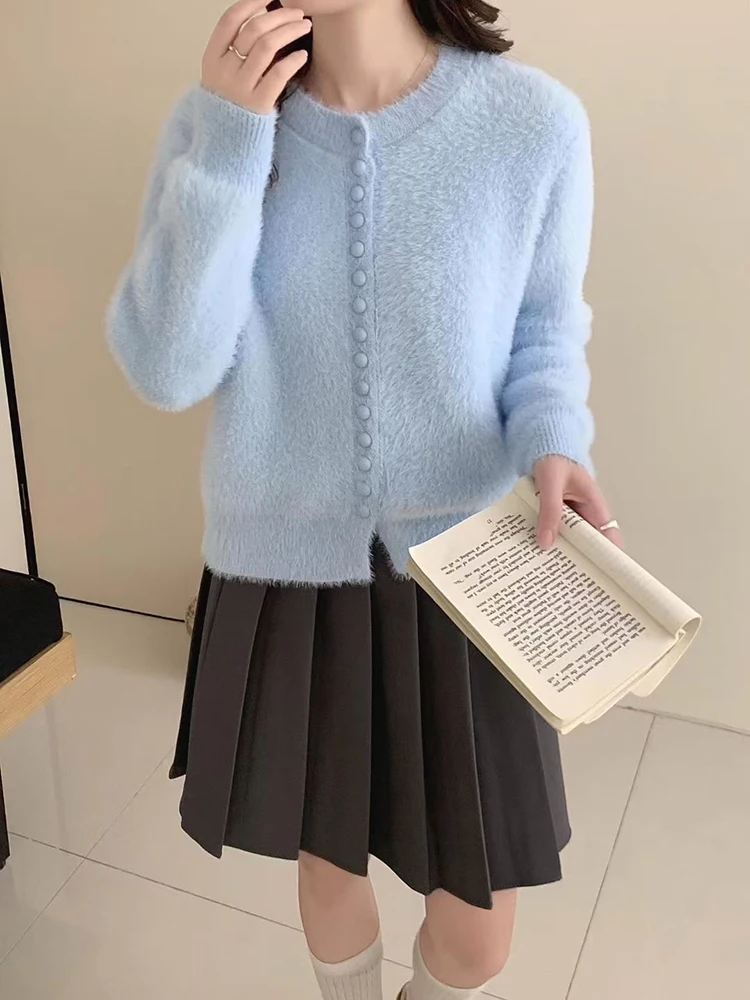 2025 خريف شتاء جديد لينة الجولة الرقبة سترة متماسكة المرأة مزاجه بسيط بلون طويلة الأكمام سترة معطف الإناث القمم #1