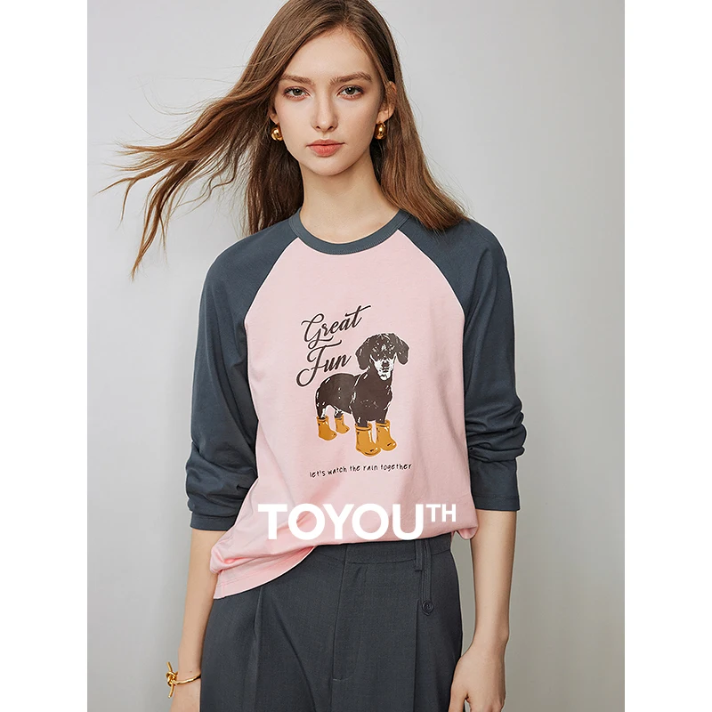 TYOUTH Women T-shirt 2024 Autumn New Dog Printed Antibacterial Cotton Contrast Raglan Long Sleeve Basic Tops