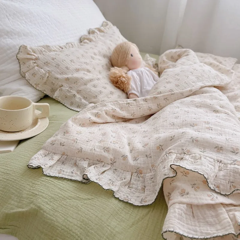 Coreano bebê menina berço conjunto de cama coelho rosa cereja floral algodão musselina berço kit capa edredão fronha sem enchimento