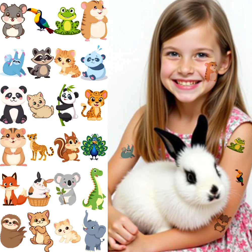 

54pcs Temporary Tattoo Cartoon Bunny Panda Chameleon For Girls Children Cheeks