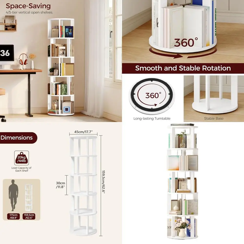 

5-Tier Rotating Bookshelf, 360° Spinning Bookshelf Tower, Floor Standing Round Revolving Bookcase, Display Rack for Books, CDs,