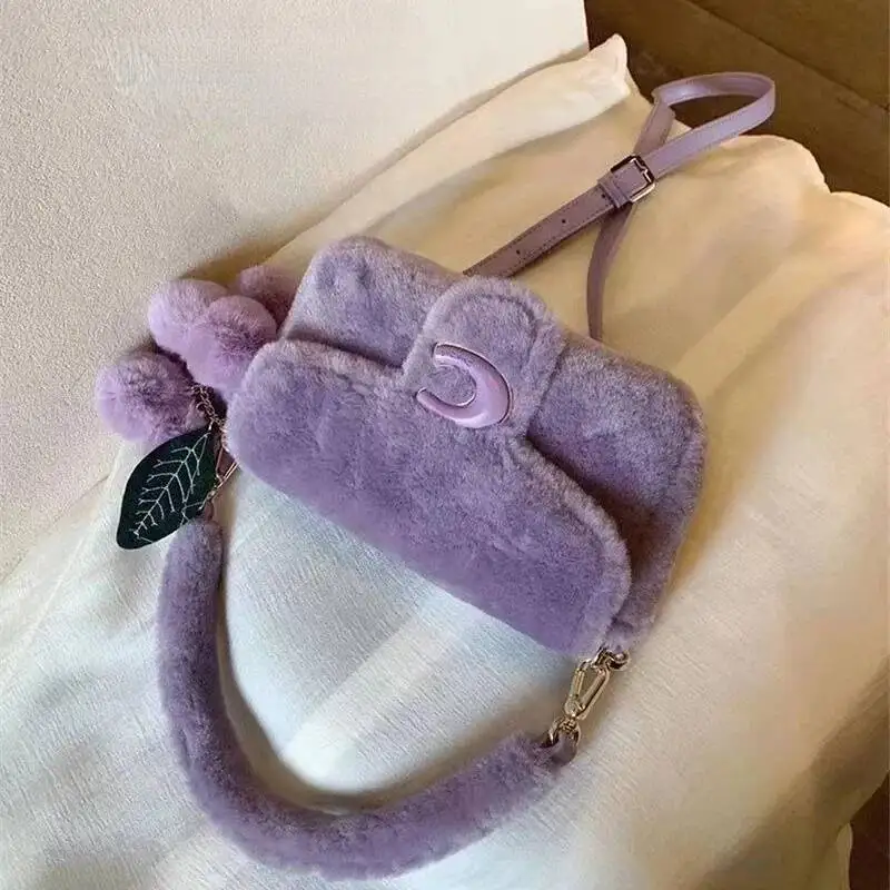 Korean Chic Sweet Y2k Aesthetic Shoulder Bags All Match Fluffy Solid Women's Underarm Bag Elegant Office Lady Handbag Crossbody