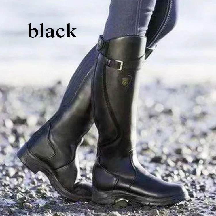 Women Winter Fashion Leather Low Heel Boots Zipper Knight Boots Vintage Outdoor Riding Boots Long Boots Knee High Boots