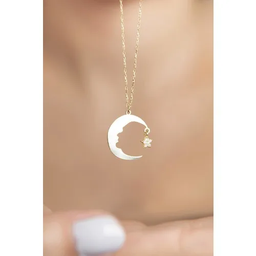 Elika Silver Ataturk Silüetli Moon Star Pattern 925 Sterling Silver Necklace