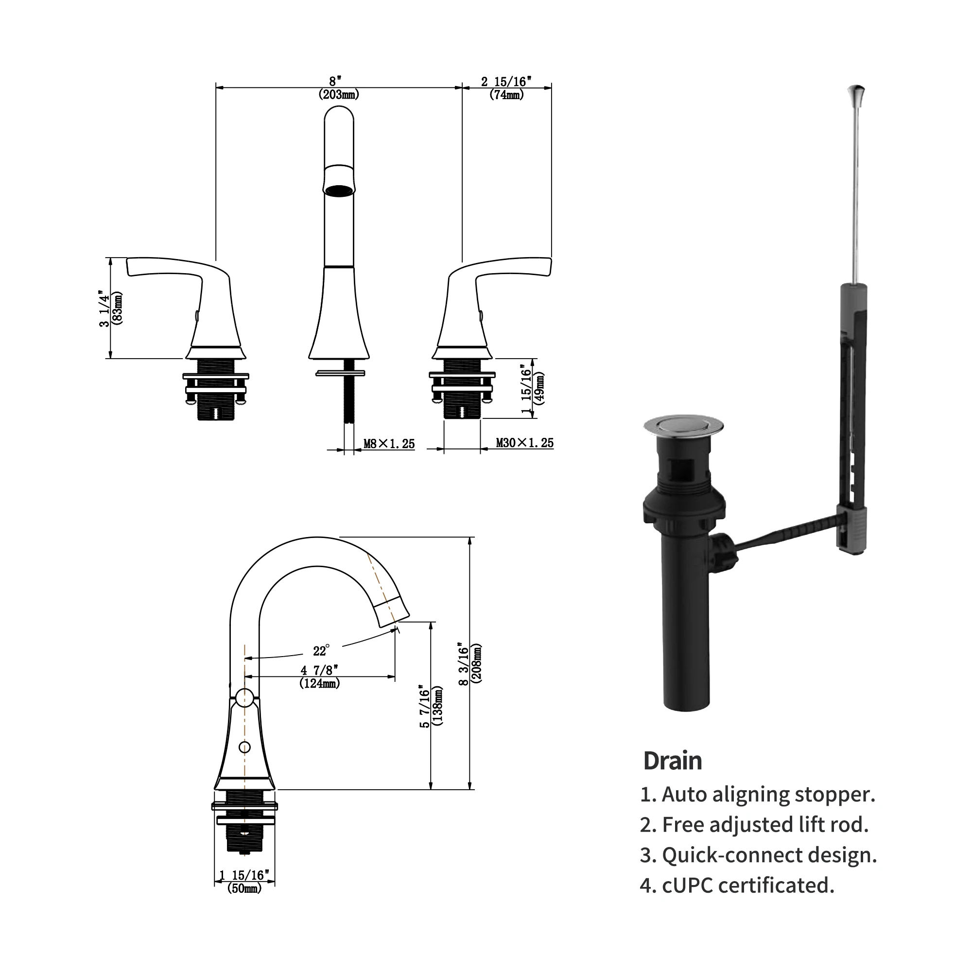 COZZIVITA CZ2522MB Grifo de baño generalizado de 2 manijas con conjunto de drenaje