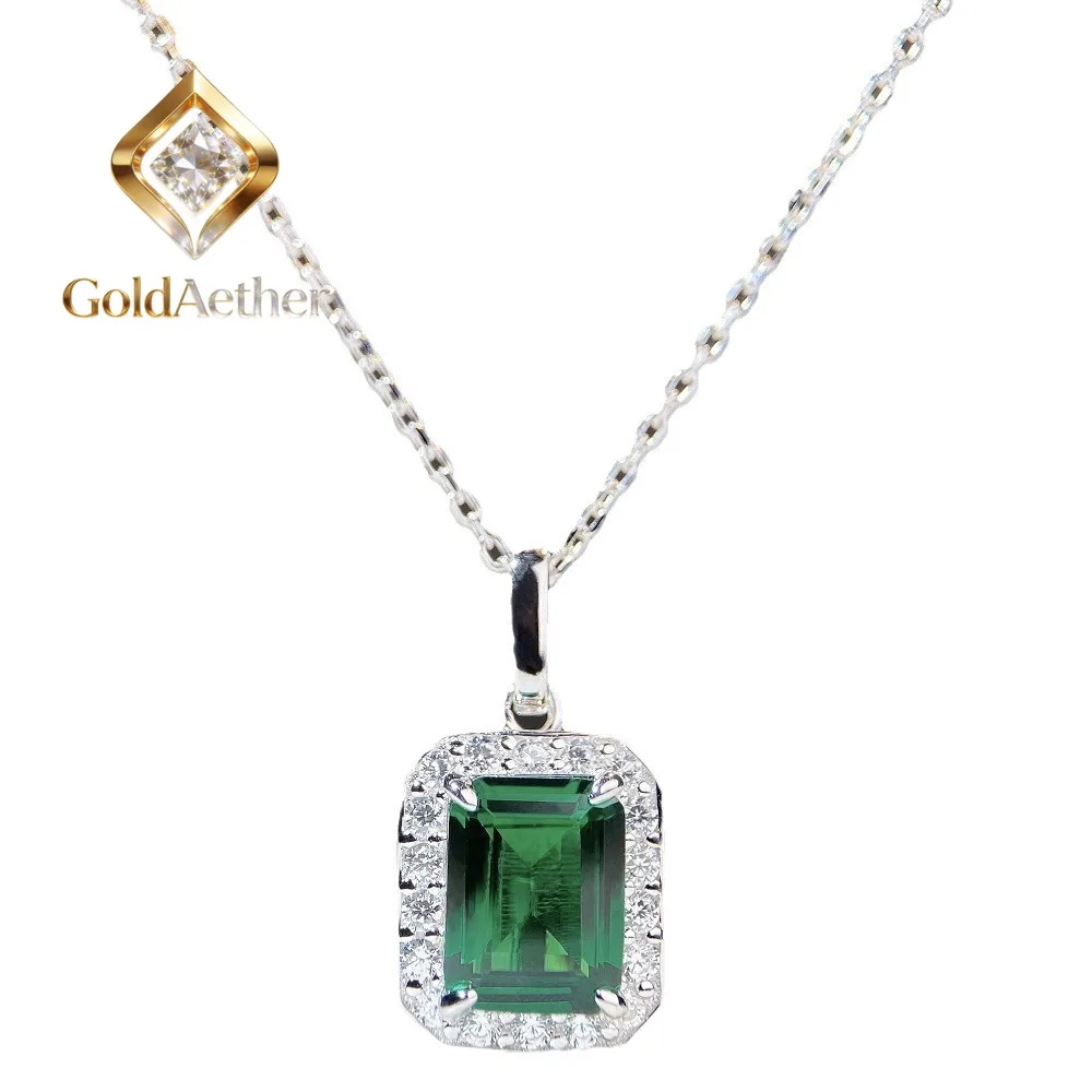 

GoldNouveau Luxury 18K white gold solid platinum PT950 Emerald Diamond Pendant Necklace Women's Princess Full Diamond Clavicle C