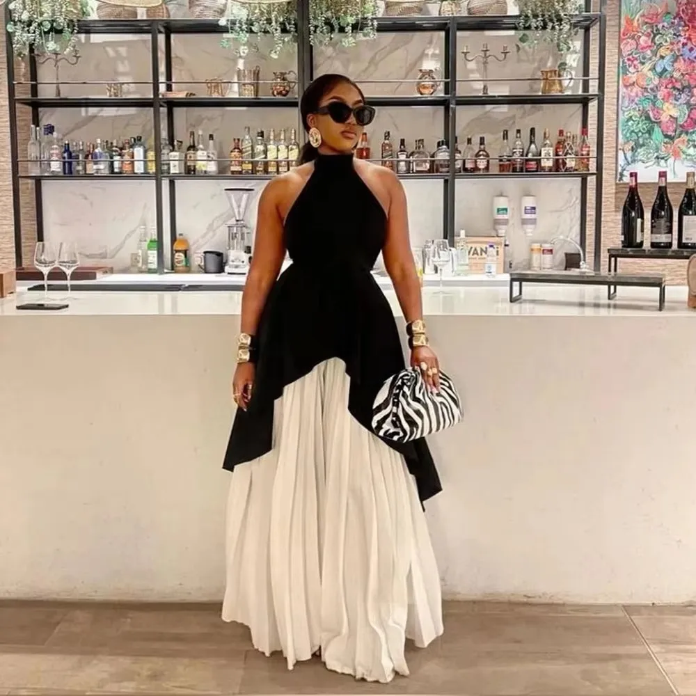 

Fashion Women Maxi Dresses New Couture 2 Pieces Women Set Black Top And Loose Pleated Pant To Formal Party Advanced Style