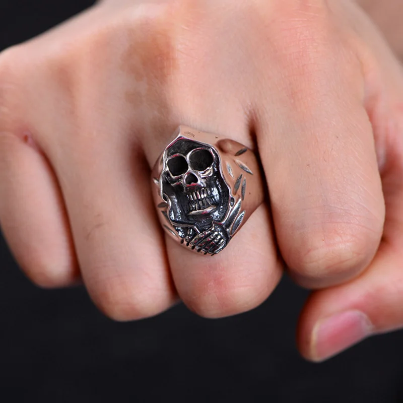 Single Ring Men's Punk Style Skull Grim Reaper Antique Ring For Men Biker Ring 925 Sterling Silver Jewelry Accessories