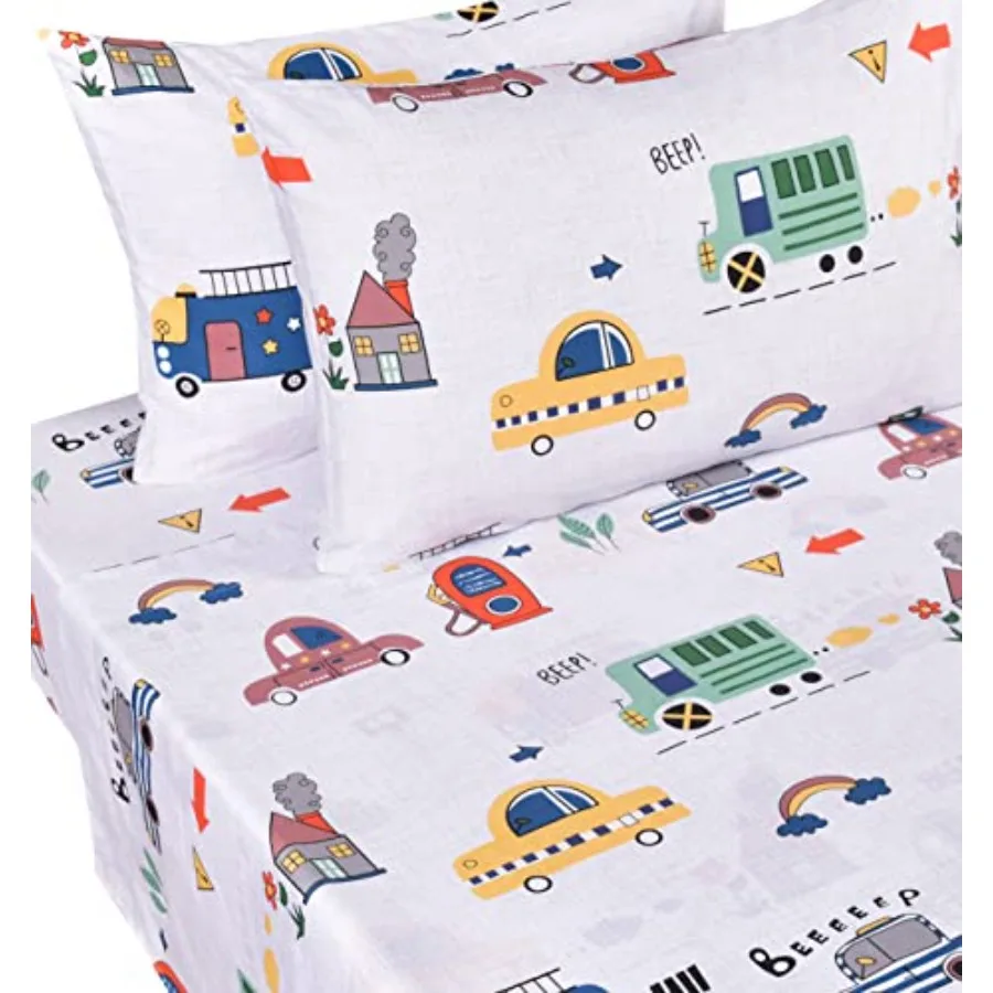 

Cars Bus Traffic Transport Boys Sheet Set Bedroom Decoration Gift 0% Cotton Flat Sheet + Fitted Sheet + Pillowcase Bedding Set