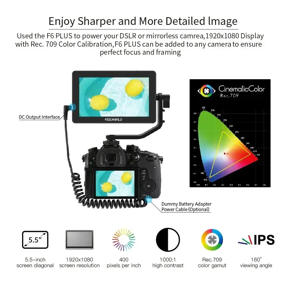 شاشة لمس Feelworld F6 PLUS V2 مقاس 6 بوصات IPS 160 °   عرض واسع Rec.709 3D LUT 4K HDMI I/O حامل إمالة تصميم نحيف مخرج طاقة
