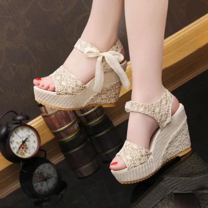 

Heel Footwear Ladies Shoes Platform Floral Women's Lace-Up Wedges Comfy Wedge Sandals Woman Dressy Sandals Female