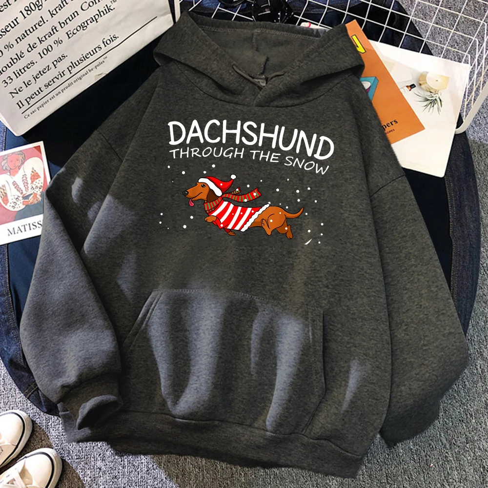 Dachshund Through The Snow Funny Dog Christmas Men Sweatshirt Creative Cute Oversize Clothes Autumn Fleece Pollover Mans Hoodies