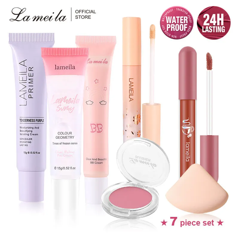 Lameila conjunto de maquiagem 7 pçs conjunto bb creme batom corretivo pré maquiagem loção pó blush isolamento pó puff