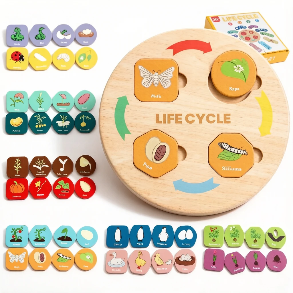 

1Pc Wooden Growth Puzzle, plant & animal life cycle cognition toy, shape matching educational set, great kids gift