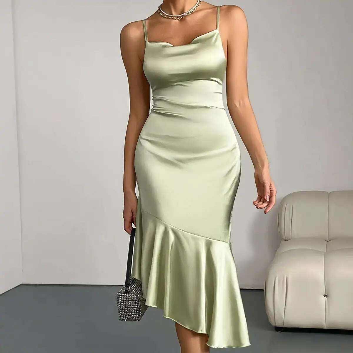 

Ruffled 2025 Satin Dress for Women's New Light Luxury Niche New French Fishtail Dress Woman 2025 Summer Dress Robe Vestido Women
