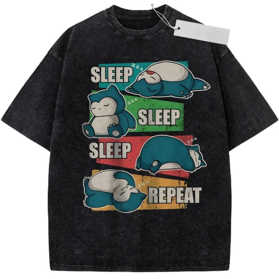 

Unisex Washed Black Vintage T-shirt Pokemon Snorlax Sleep Repeat High-quality Fabric for Home Leisure Travel Shopping