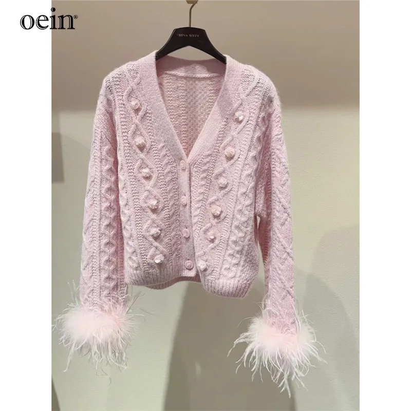 [oein]  Spring Unique Design This Year's Trend Is High-end Pink Ostrich Fur Sweater Knitted Cardigan Inside