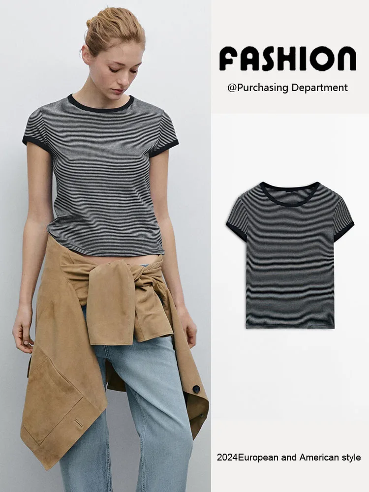 

Новое поступление лета 2024, женская повседневная футболка в полоску для колледжа, круглая футболка Ne ort Sve, тонкая трикотажная футболка для поездок на работу Faion