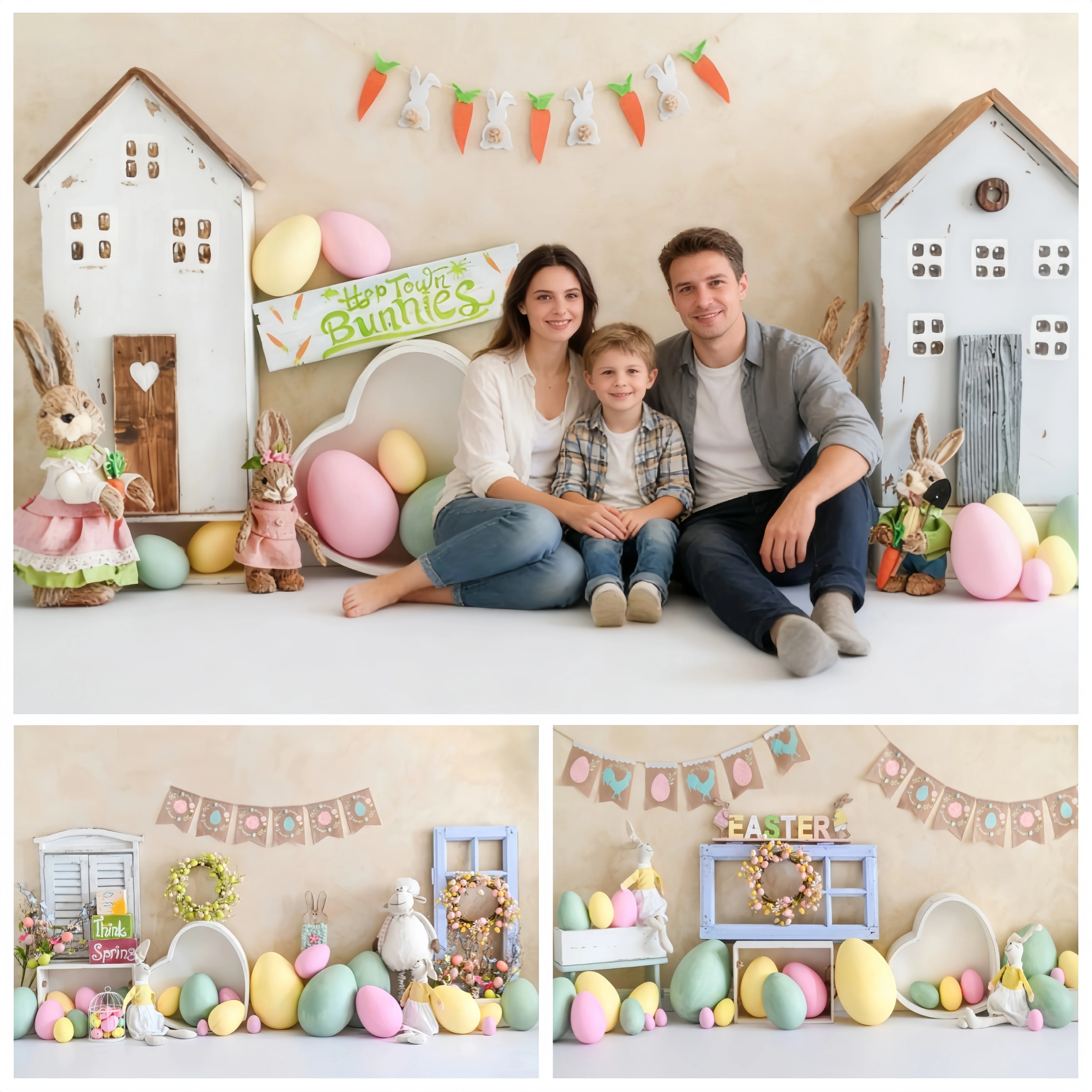 

Пасхальные декорации для фотографий: красочные яйца, кролики, деревянный домик, фон для детского дня рождения, семейных портретов