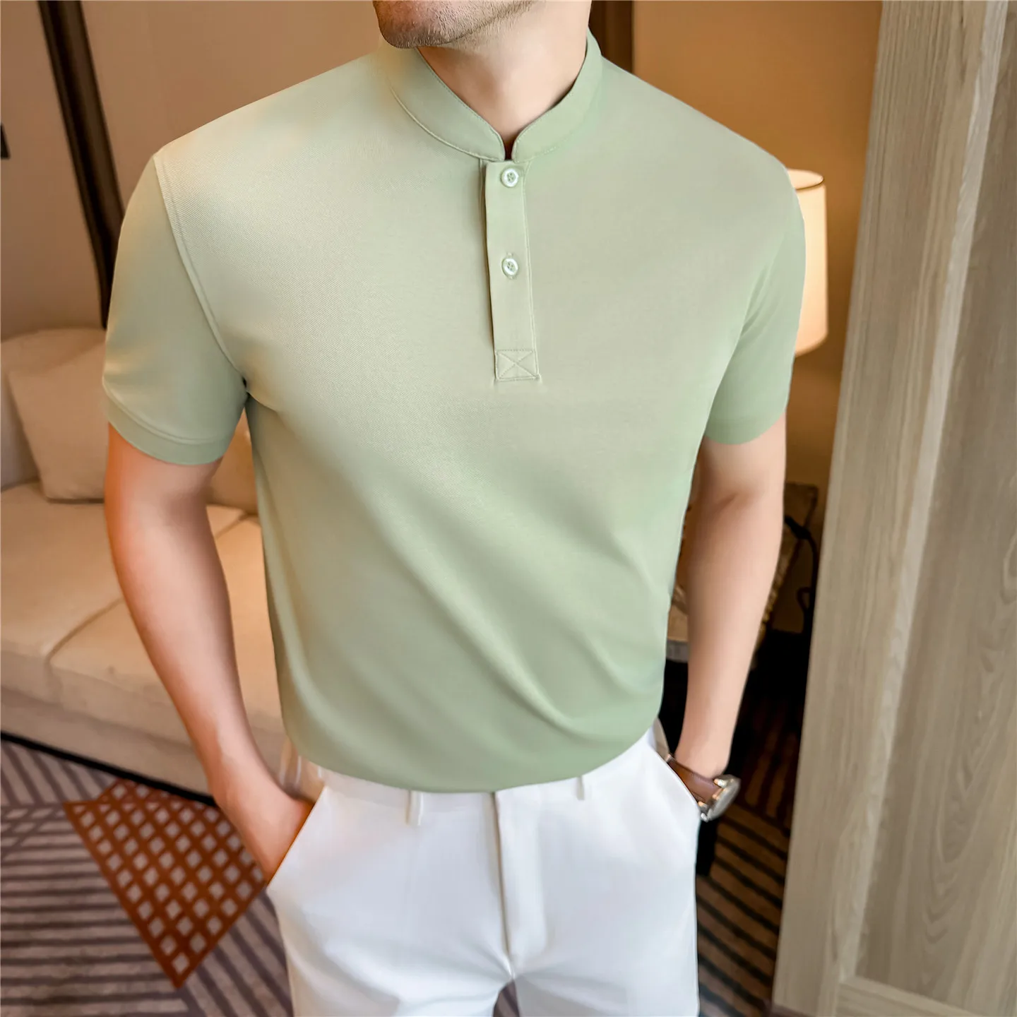 Trendy Stand Collar Men Clothes Summer 2026 Classic Solid Tee Shirt Short Sleeve Breathable Tops Pullover Shirt