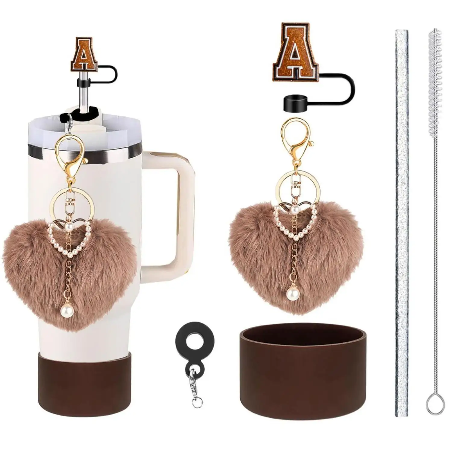 Hand Strap Charms with Letter Straw Toppers Silicone Cup Sleeve Straws Straw Brush And Heart Pom for Stylish Drinking Set