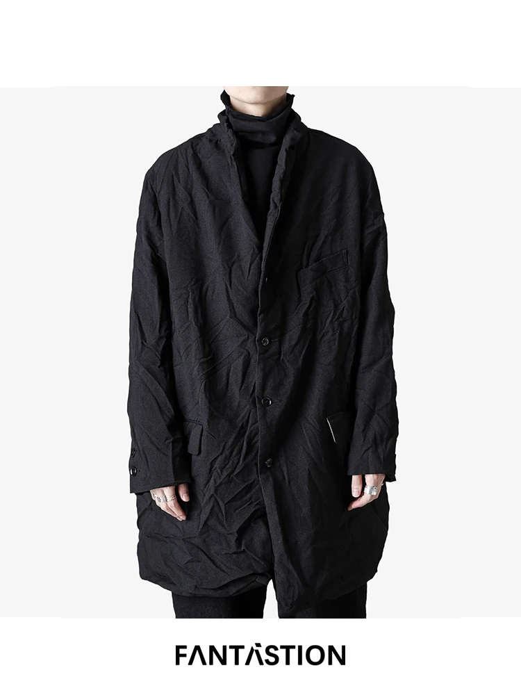 FANTASTION Original design Casual blazer Loose Pleated jacket black Loose midi length Unisex blazers suit jackets