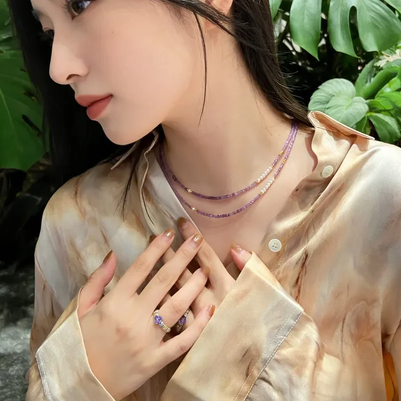 Amethyst natural pearl single-layer beaded necklace light luxury niche high-end clavicle chain women's fashion commuter