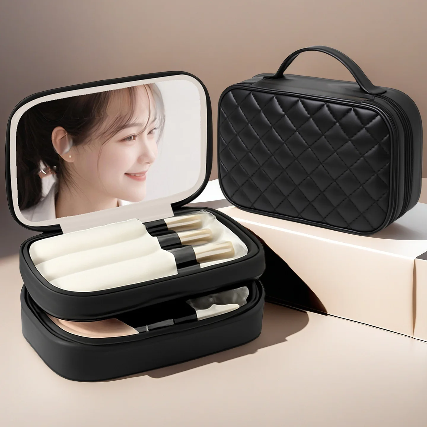 حقيبة مكياج للسفر بطبقة مزدوجة مع مرآة وحامل فرشاة، حقيبة أدوات الزينة المحمولة لتنظيم مستحضرات التجميل بسعة كبيرة