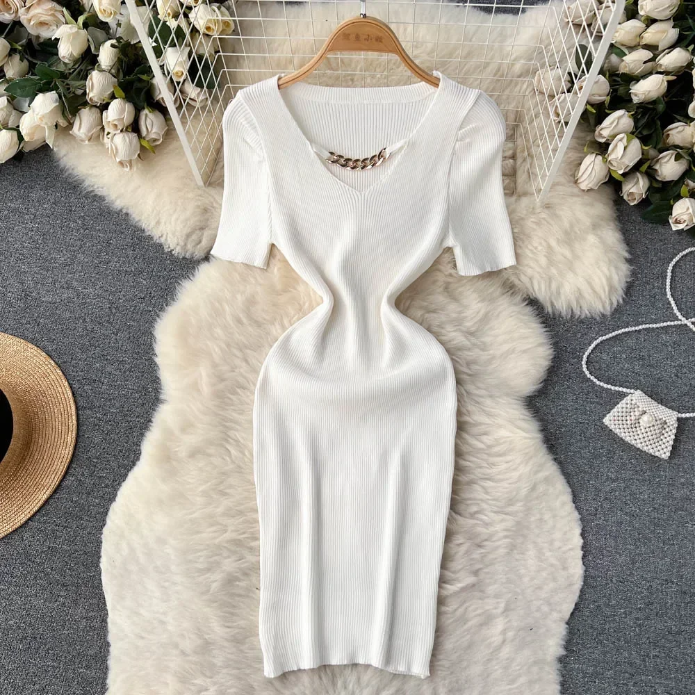 Chain Design Knitted Summer Dress Fashion Short Sleeves Korean Slim Dress Women Streetwear Elastic Short Party Mini Dress