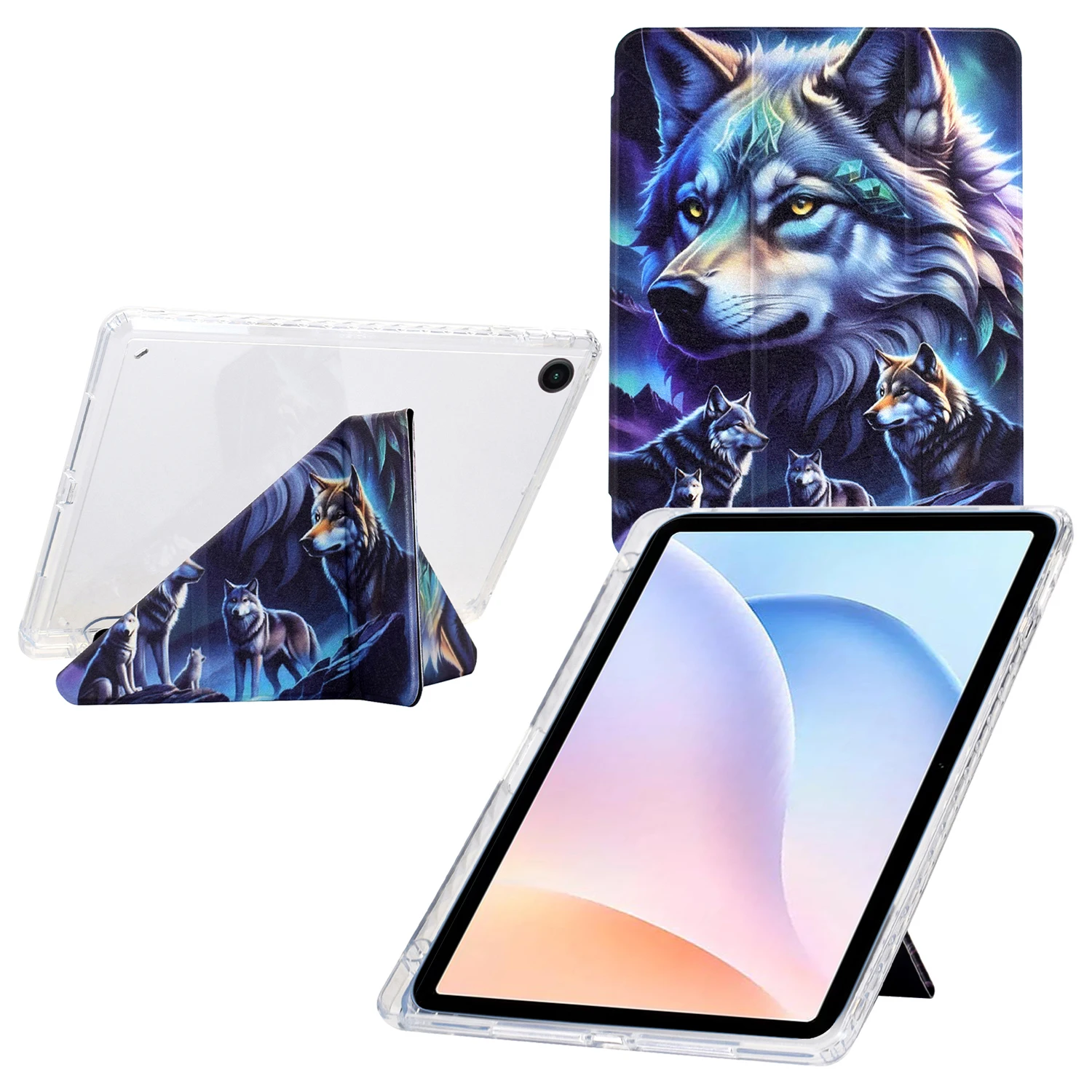 

For Samsung Galaxy Tab A9+ Case Y-Fold Stand Pattern Print Leather + Clear Acrylic Tablet Cover with Pencil Holder - Phantom Wol
