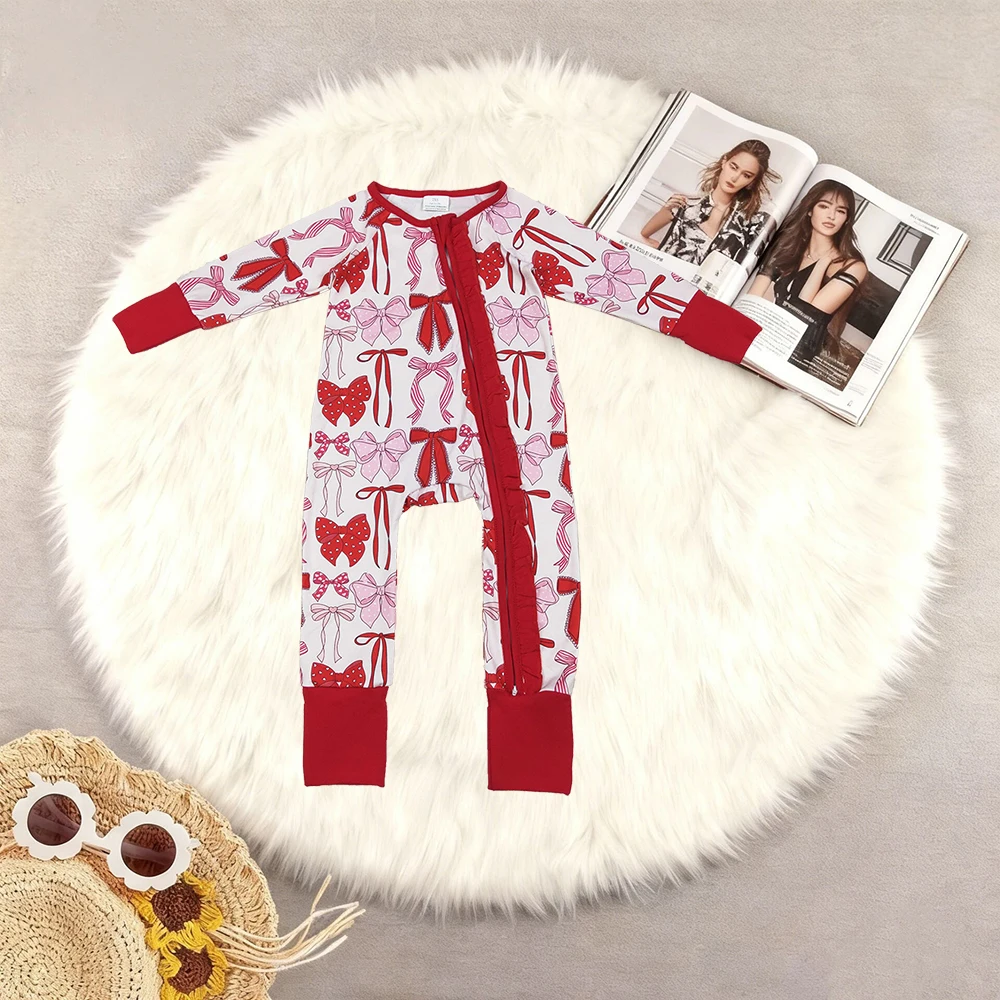 

12.23 Baby Winter Rompers Baby Girls Red Bows Plaid Valentines Two Way Ruffle Zip Convertible Rompers