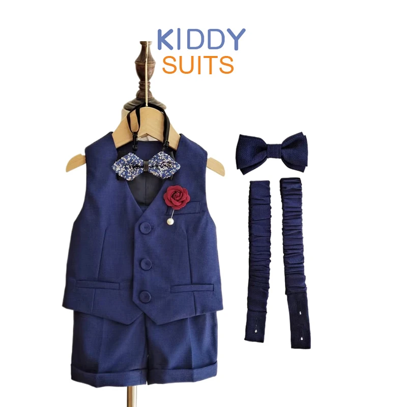 

Boys Wedding Suit Baby Kids Vest Strap Shorts Bow tie 4PCS Photography Suit Child Birthday Ceremony Costume Clothing Set