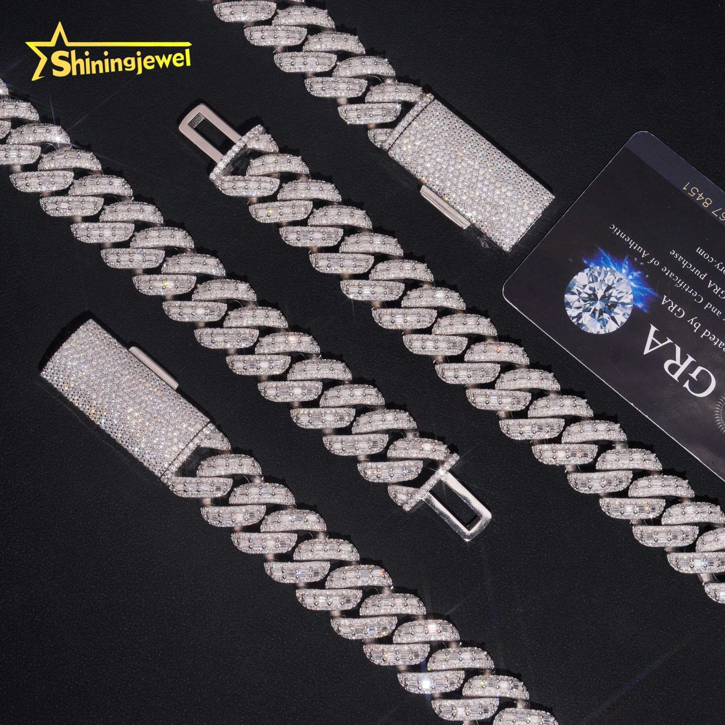 Jewelry Rapper Luxury Hip Hop Style Baguette Moissanite Iced Out 18mm 925 Silver Diamond Cuban Link Chain.