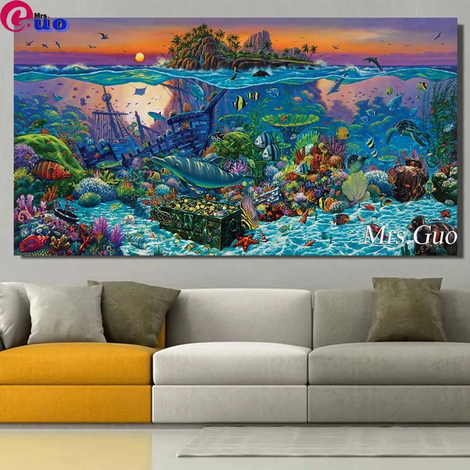 5d Diy Full Square Round Drill Large CORAL REEF ISLAND Diamond Painting Sea World Landscape Mosaic Embroidery Sale Decor