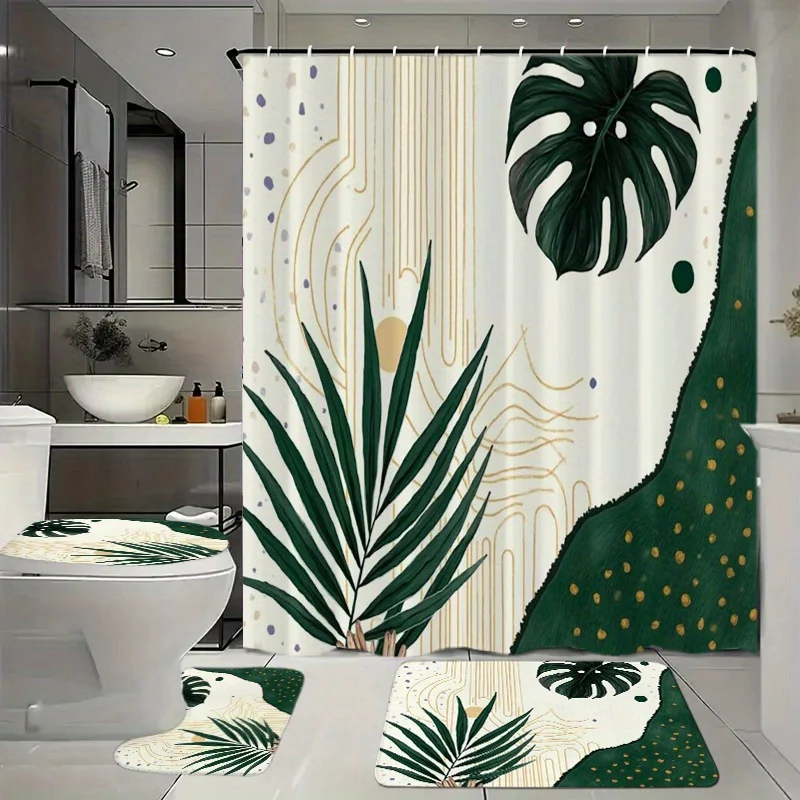 

Набор для ванной комнаты из 4 предметов с занавеской для душа, 12 крючков, напольным ковриком, чехлом на сиденье унитаза и современным минималистичным декоративным рисунком растений.