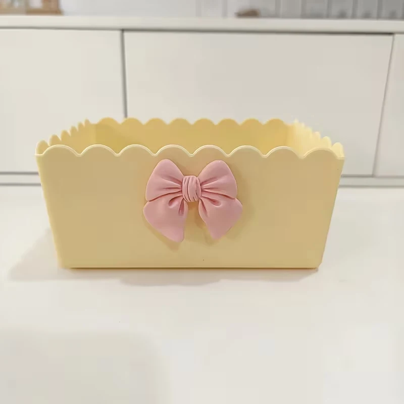 

Yellow Plastic Desktop Storage Box with bow Cosmetic Organizer Sundries Snack Basket for Home Bathroom Kitchen Organization