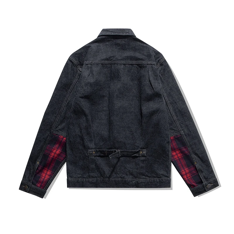 

Amekaji Vintage 15OZ Denim Jacket Men Spring Autumn New Heavy Weight Primary Lapel Colorblock Plaid Jacket Red Ear Cardigan Coat