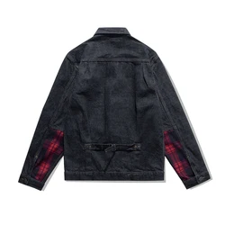 Amekaji Vintage 15OZ Denim Jacket Men Spring Autumn New Heavy Weight Primary Lapel Colorblock Plaid Jacket Red Ear Cardigan Coat