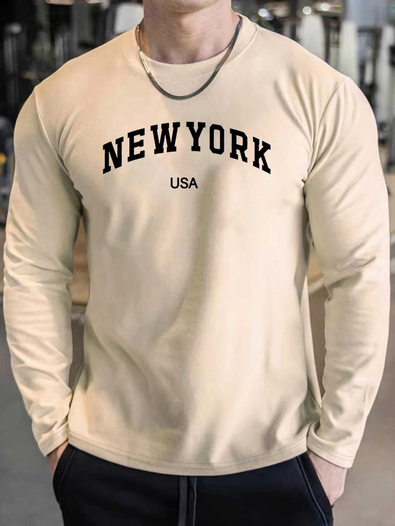 

Мужская универсальная повседневная удобная спортивная повседневная свободная футболка больших размеров с круглым вырезом и длинными рукавами в Нью-Йорке и американском стиле с принтом