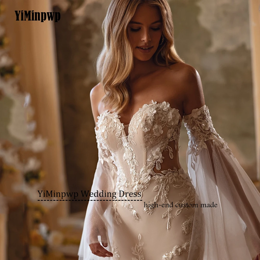 Meerjungfrau Luxus Brautkleider Illusion Zurück Blumen Pailletten Liebsten Applique Braut Kleider Boho vestido de novia Angepasst