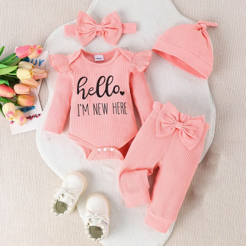 4PCS Newborn Baby Girl Clothing Suit Autumn Long Sleeve Letter Romper Pant with Hat & Headband Outfit Girl Clothes 0-6M D2L