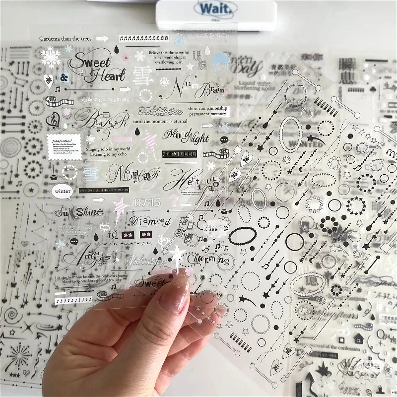 8Pcs Kawaii Black White Stickers PET Y2K Junk Journal Decorative Material Sticker For Scrapbooking Diary Sticker Stationery