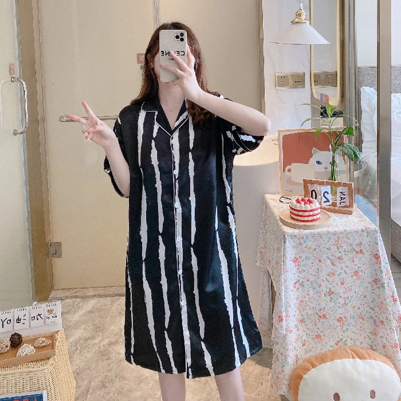 

Summer Soft Silk Nightgown Half Sleeve Grid Zebra Cow Stria Printing Homedress Leisure Satin Nightdress For Women Shirt Skirt