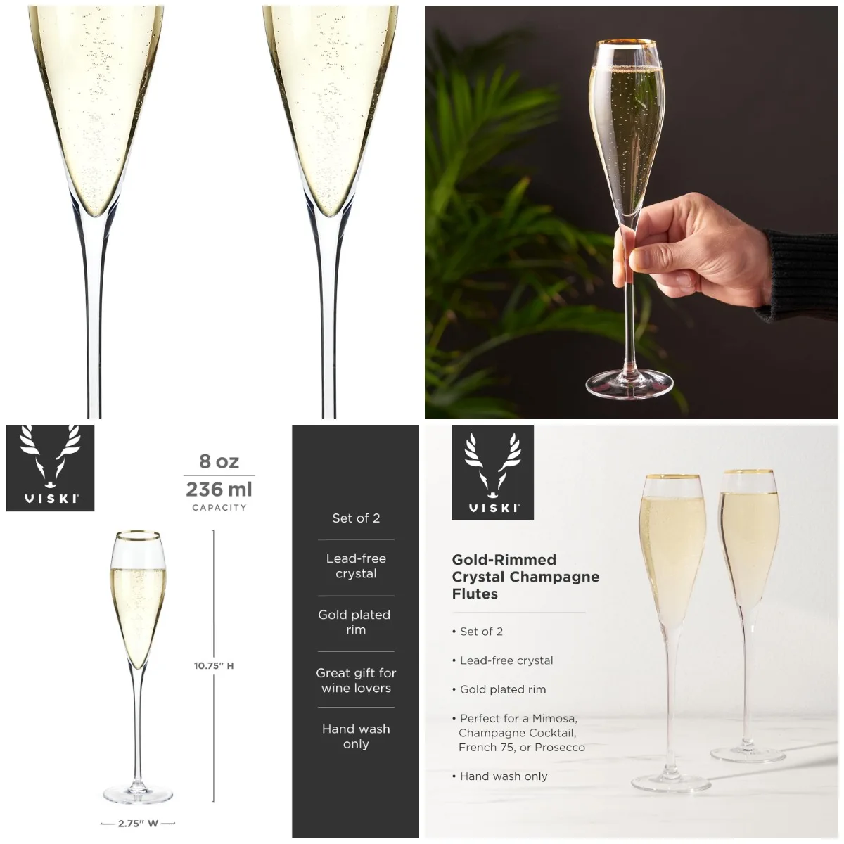 

Gold Plated Champagne Flutes, 8 oz Set of 2 for Wine, Prosecco, Gifts
