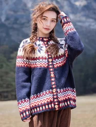 102cm biust jesienne zimowe swetry rozpinane płaszcze damskie Fair Isle Nordic Vintage czyste ręcznie robione grube ciepłe 100% wełniane ręcznie robione swetry